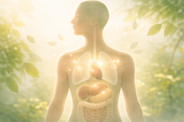 A calm human silhouette with softly glowing internal organs, highlighting the lungs, heart, liver, and digestive system in gentle green and beige tones, representing inner-body healing and wellness.
