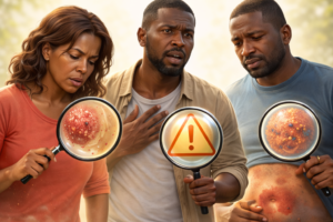 Illustration showing small health signs people ignore, with Black adults examining early health symptoms