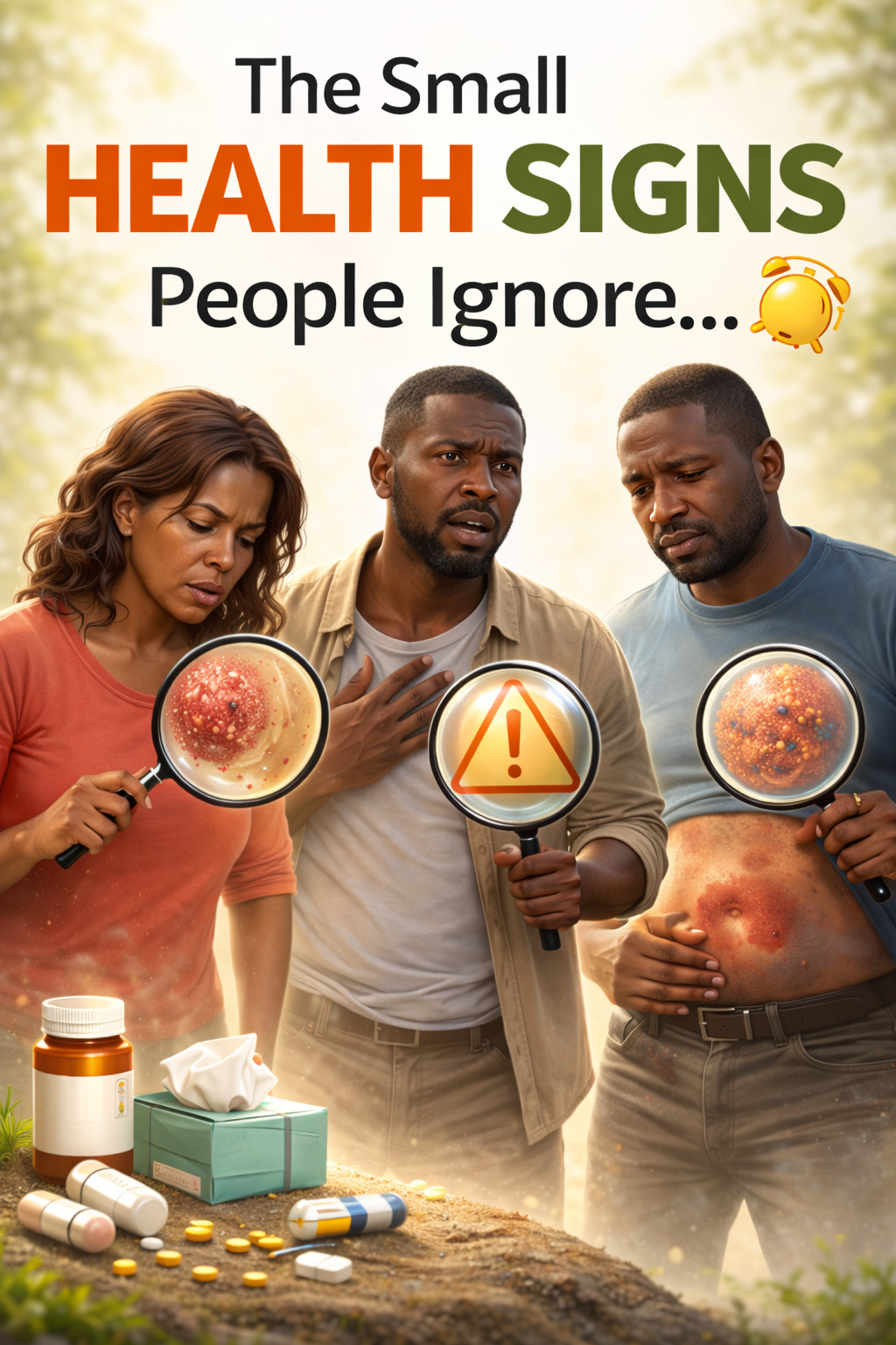 Illustration showing small health signs people ignore, with Black adults examining early health symptoms